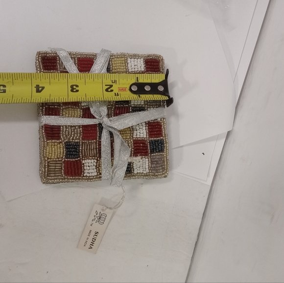 Sudha Set if 4 Handmade Beaded Coasters Checkered cloth back. New - Picture 3 of 5